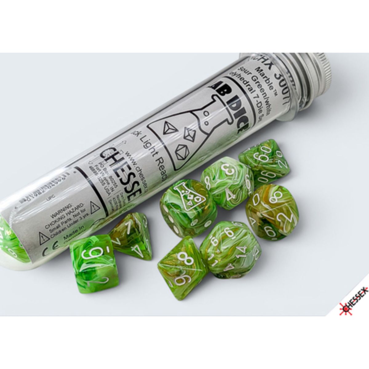 Marble Polyhedral Sour Green/white 7 Die Set with bonus die